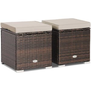 2-Piece Wicker Outdoor Ottomans Storage Box Footstool with Beige Cushions