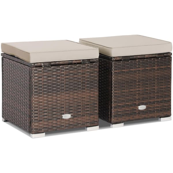 Costway 2-Piece Wicker Outdoor Ottomans Storage Box Footstool with Beige Cushions