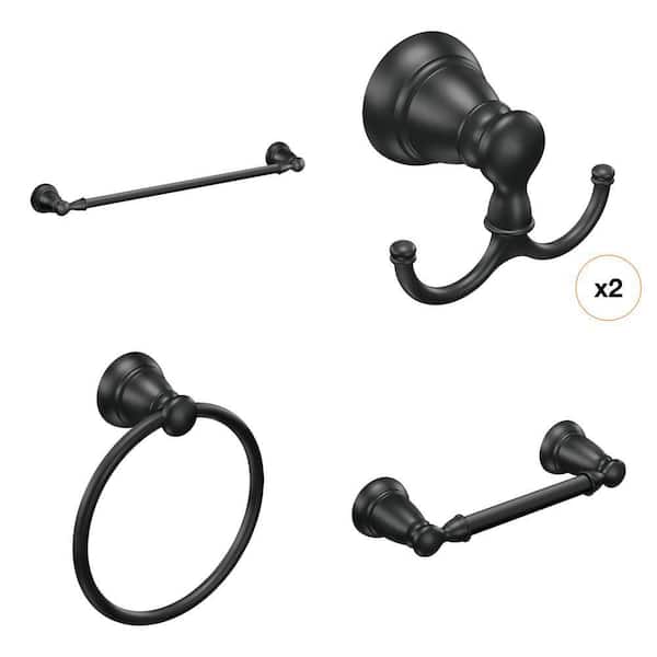 Banbury Matte Black Bathroom Hardware Set: Robe Hook, 24 in. Towel Bar, Towel Ring & Toilet Paper Holder (5-Piece)