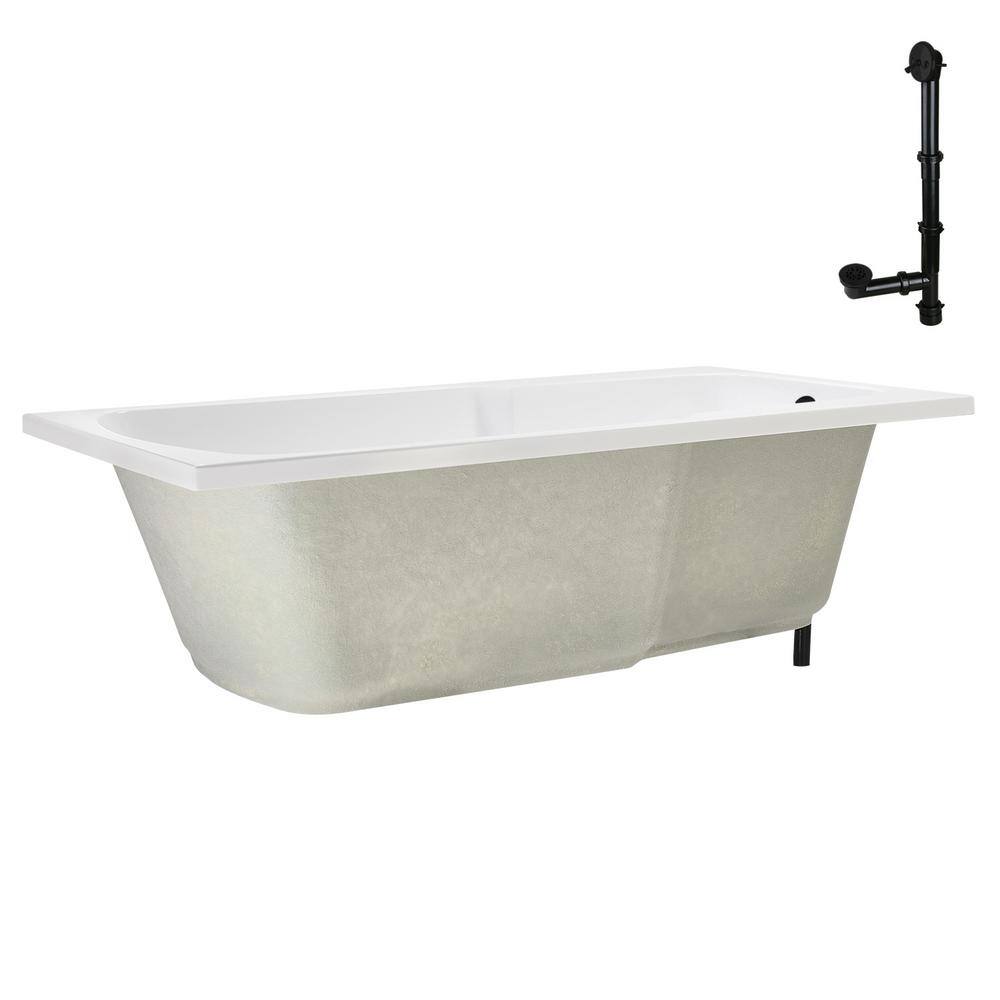 60'' Glossy White Acrylic Drop-In Soaking Bathtub with Matte Black Drain