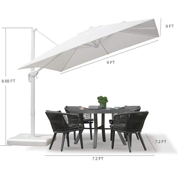 9 ft. Square Outdoor Patio Cantilever Umbrella White Aluminum Offset 360° Rotation Umbrella with Base, White