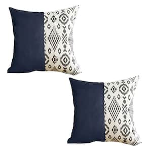 Navy Blue Boho Handcrafted Vegan Faux Leather Square Abstract Geometric 17 in. x 17 in. Throw Pillow Cover (Set of 2)