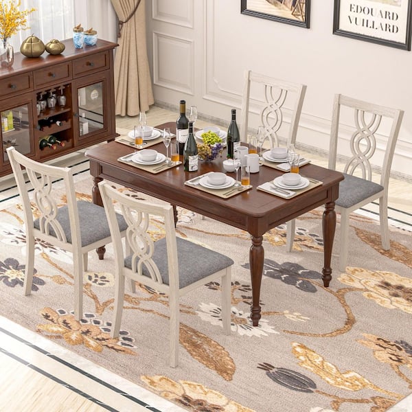 VECELO Farmhouse Dining Chairs Set of 4, Upholstered Gray Dining Chair with Lattice Back, Wooden Frame
