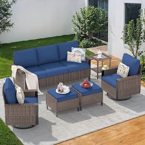 Nyajiah 6-Piece Wicker Patio Conversation Set with Blue Cushions