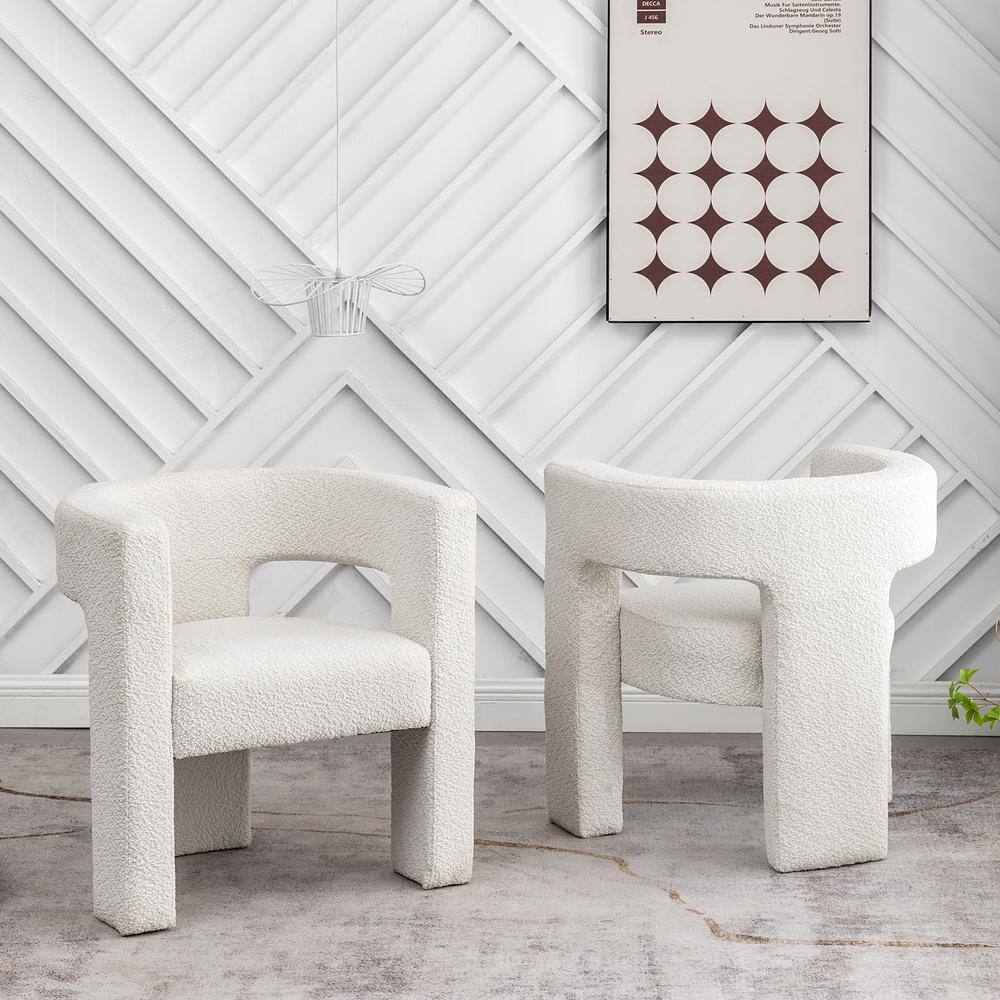 Set of 2 Cream Boucle Barrel Accent Chairs with Wood Frame