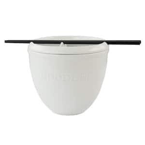 Simply White 25 fl. oz. 6.25 in. White Ceramic Round Noodle Bowl With Chopsticks and Lid