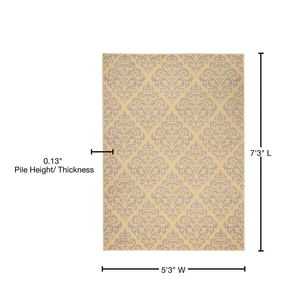 Cream and Gray Geometric Synthetic 5' x 7' Area Rug