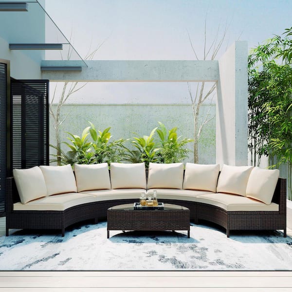 5-Piece Brown Wicker Outdoor Half-Moon Sectional Sofa Set with Beige Cushions and Glass Table