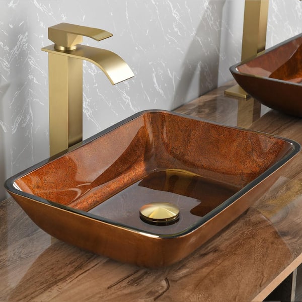 Interbath Russet Glass Rectangular Vessel Bathroom Sink Set in brown and amber Fusion Finish with Faucet and gold Pop Up Drain
