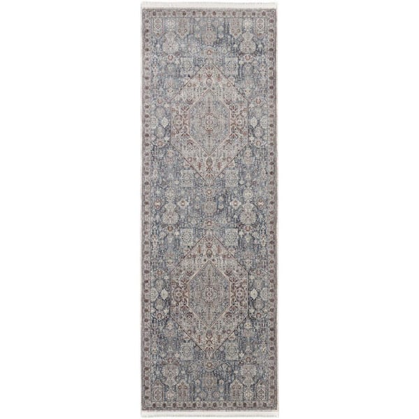 2 ft. x 8 ft. Blue, Ivory Floral Runner Rug