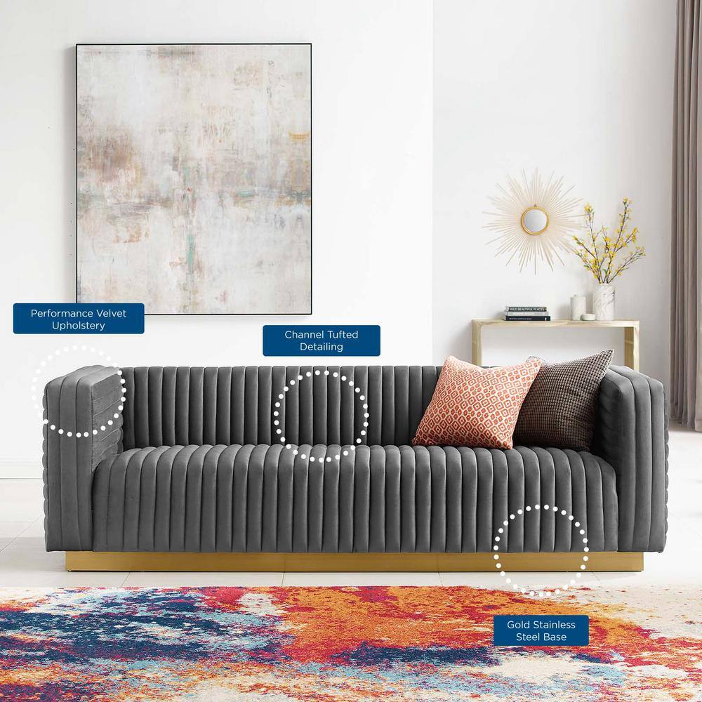 Charcoal Velvet Tufted Sofa with Gold Base
