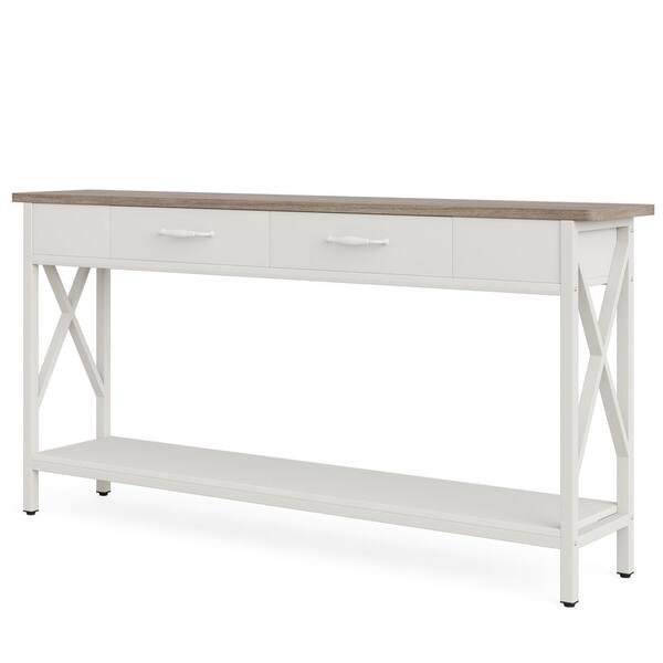 BYBLIGHT Terrella 70.9 in. Gray, White Rectangle Wood Console Table Narrow Long Sofa Console Table with 2-Drawers Home Entryway