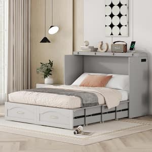 Gray Wood Frame Full Size Murphy Bed with Built-in Charging Station, Pulleys and Sliding Rails Design, 2-Drawer