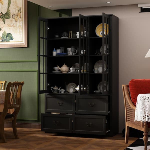 47.2 in. W x 78.7 in. Tall 8-Shelf Black Wood Standard Bookcase Bookshelf With Glass Doors, Adjustable Shelves, Drawers