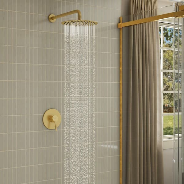  1-Spray Patterns Round 10 in. Single Function Wall Mount Fixed Shower Head in Brushed Gold