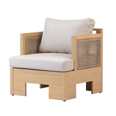 Fenvar Teak Finish Solid Wood Outdoor Patio Lounge Chair with Beige Cushions, Woven Rattan Armrests Club Chair (1-Pack)