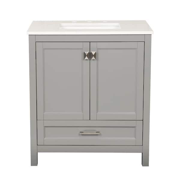 Boosicavelly 30 in. W x 19 in. D x 34 in. H Single Sink Freestanding Bath Vanity in Grey with White Carrara Marble Top