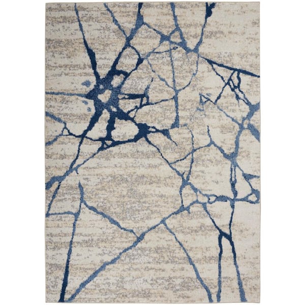 CALVIN KLEIN River Flow Ivory Blue 5 ft. x 7 ft. Abstract Contemporary Area Rug