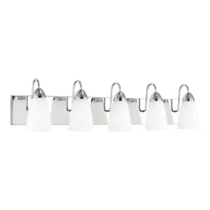 Seville 35 in. 5-Light Chrome Transitional Modern Wall Bathroom Vanity Light with White Etched Glass Shades