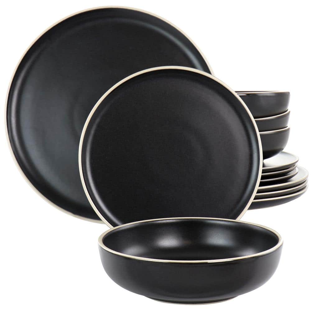 GIBSON ELITE 12 Piece In Black Round Stoneware Dinnerware Set Serenade