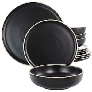 12 Piece In Black Round Stoneware Dinnerware Set Serenade