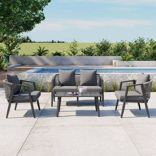 Gray 4-Piece Durable and Comfortable Metal Outdoor Patio Conversation Seating Set with Gray Cushions