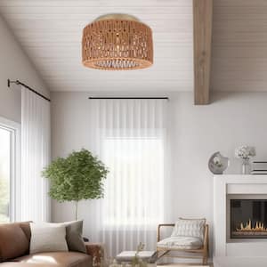 11.8 in. 3-Light Gold Rattan Flush Mount Ceiling Light with Hand-Woven Cage Shaded for Hallway Bedroom
