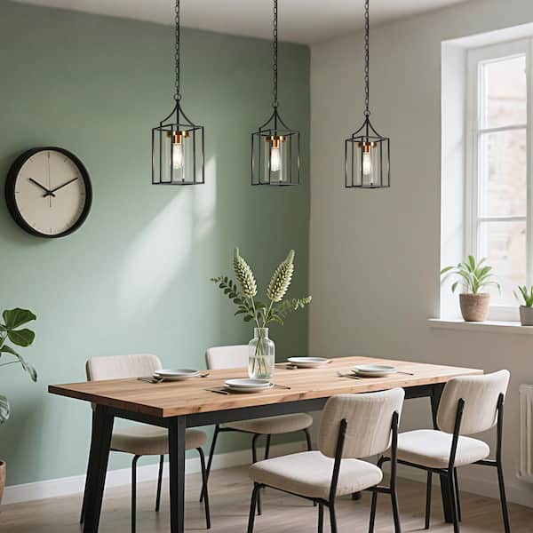 Modern Black Pendant Light Industrial 1-Light Cage Pendant Light with Cylinder Clear Glass Shade and Brass Accents