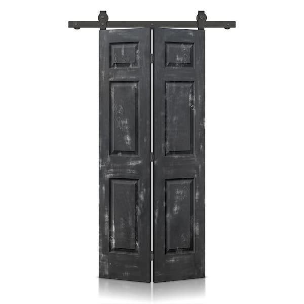 CALHOME 24 in. x 84 in. Hollow Core Vintage Black Stain 6 Panel MDF Composite Bi-Fold Barn Door with Sliding Hardware Kit