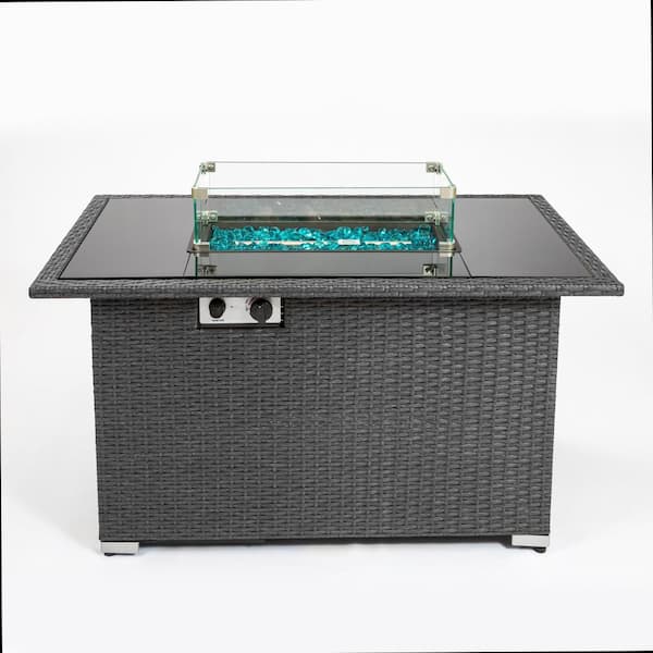 Willit Outdoor 44 in. Gray Rectangular Metal Fire Pit Table with Tempered Glass Tabletop and Blue Stone Steel Table Lid