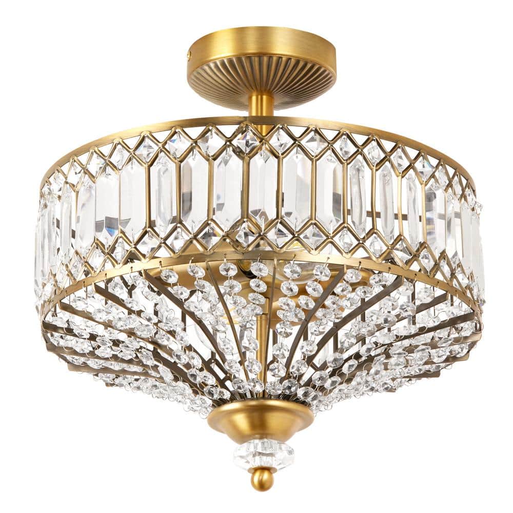 Hollywood Glam 17" Gold Metal & Beveled Jeweled Glass Drum LED Light