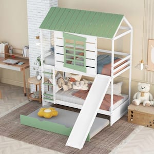 Green and White Twin Over Twin Wood House Bunk Bed with Twin Trundle, Slide, Built-in Ladder, Roof and Window Design