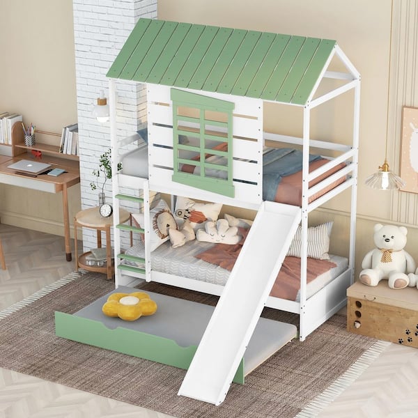 Harper & Bright Designs Green and White Twin Over Twin Wood House Bunk Bed with Twin Trundle, Slide, Built-in Ladder, Roof and Window Design