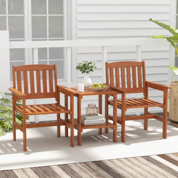 Clihome 3-Piece Wood Outdoor Patio Bistro Table and Chairs Set with Umbrella Hole