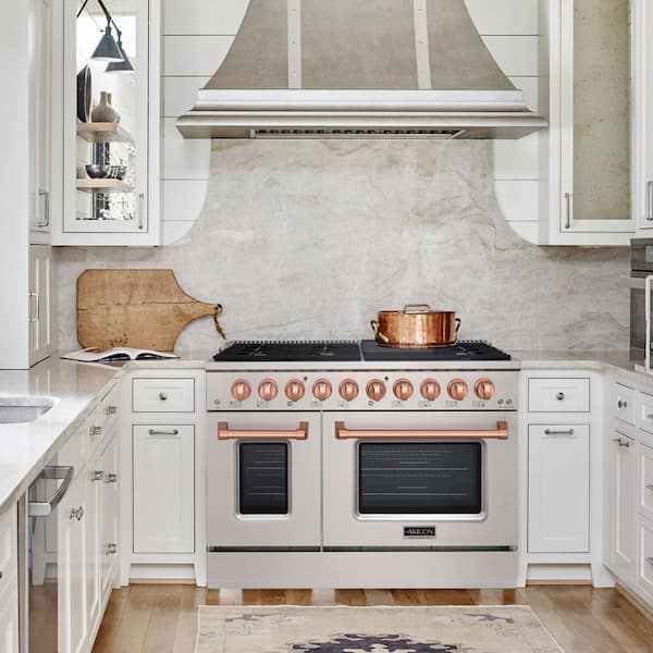 48 in. 8-Burners Freestanding Gas Range with Double Oven Convection Fan Cast Iron Grates in Stainless Steel with Copper