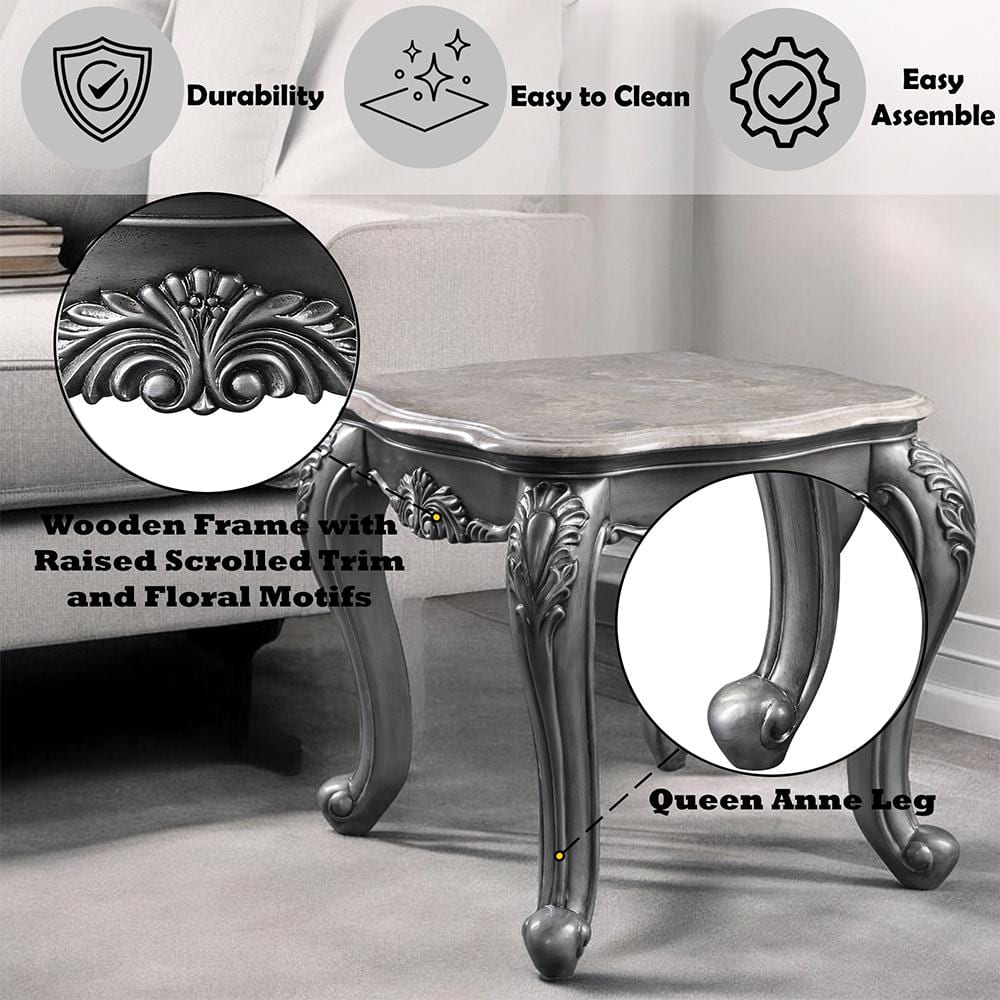 Ariadne Classic Marble Top Platinum Finish Wooden Coffee Table