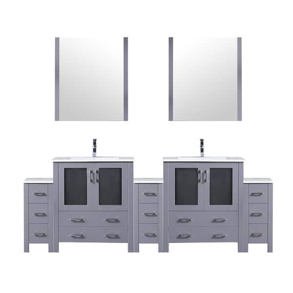 Volez 96in. W x 18.25 in. D Dark Grey Double Bath Vanity w/ Side Cabinets, White Ceramic Top, 28 in Mirrors & Faucet Set