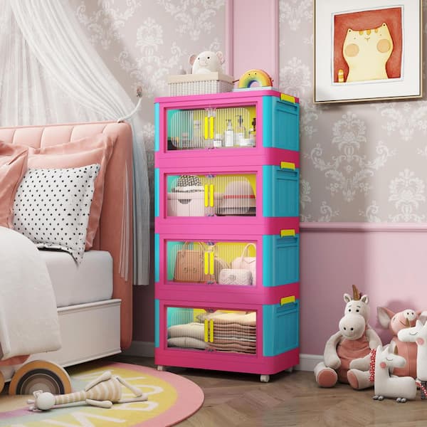 Unbranded 40.5 in. H Multi-Colored Plastic Folding Storage Cabinet with Wheels 4-Tier Collapsible Storage Bins with Magnetic Doors