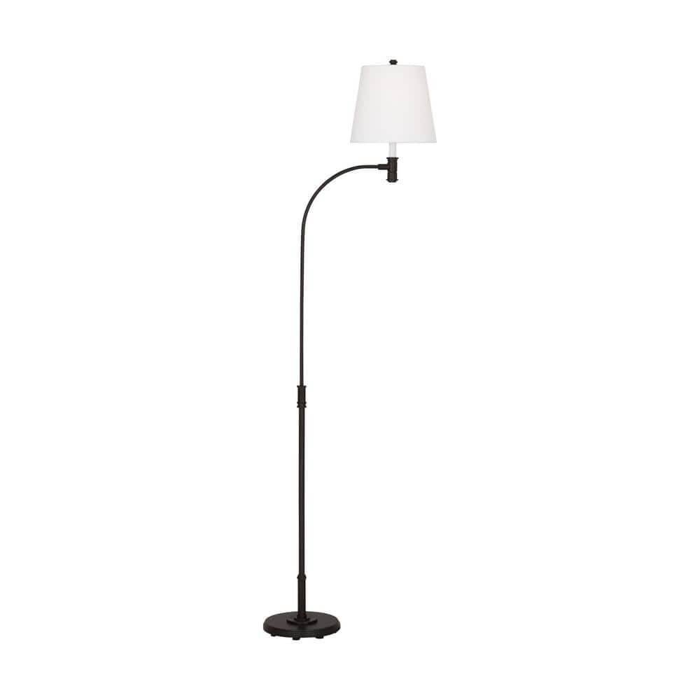 Aged Iron Adjustable Arc Floor Lamp with White Linen Shade