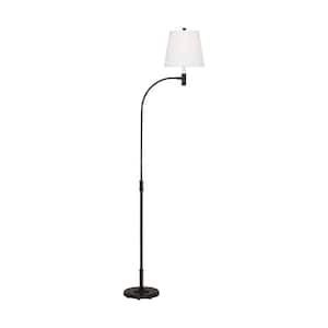 Belmont 10.25 in. W x 71.125 in. H 1-Light Aged Iron Dimmable Task Standard Floor Lamp with White Linen Fabric Shade