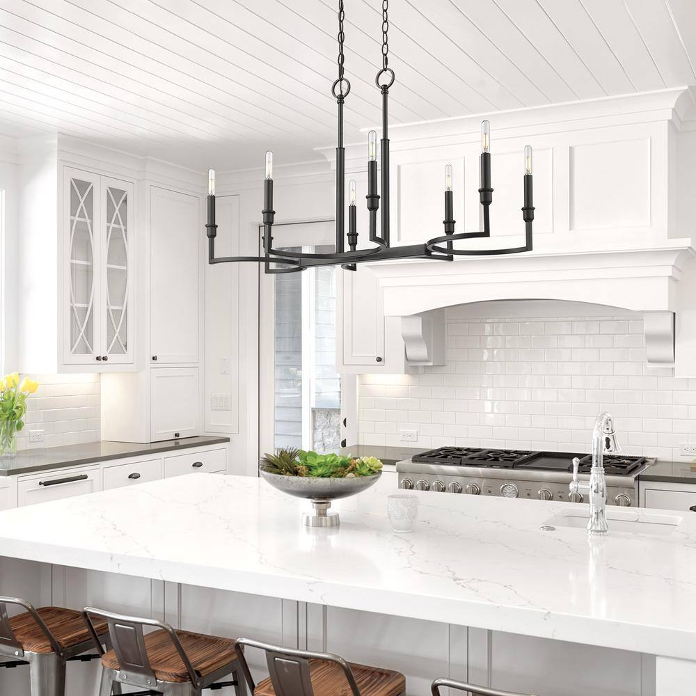 Matte Black Glass Linear Pendant Light with 8 Bulbs