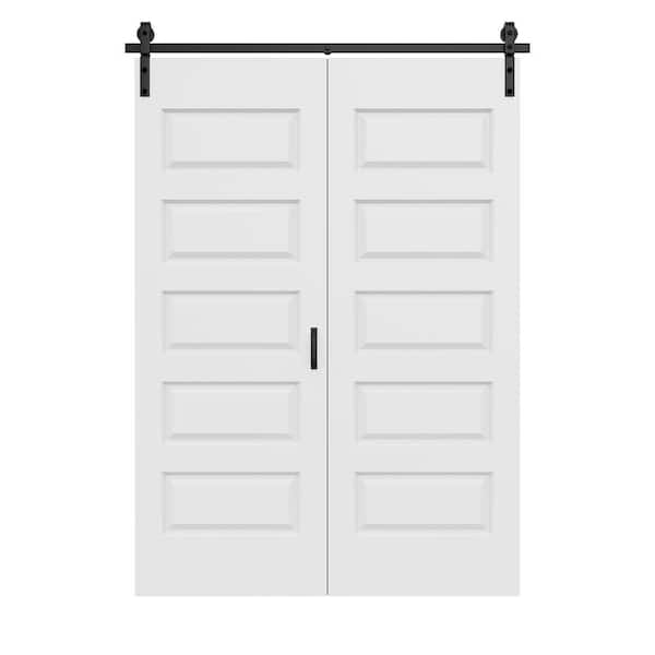 60 in. x 84 in. Paneled 5-Lite White Primed Hollow Core MDF Composite Bi-fold Door with Bifold Barn Door Hardware