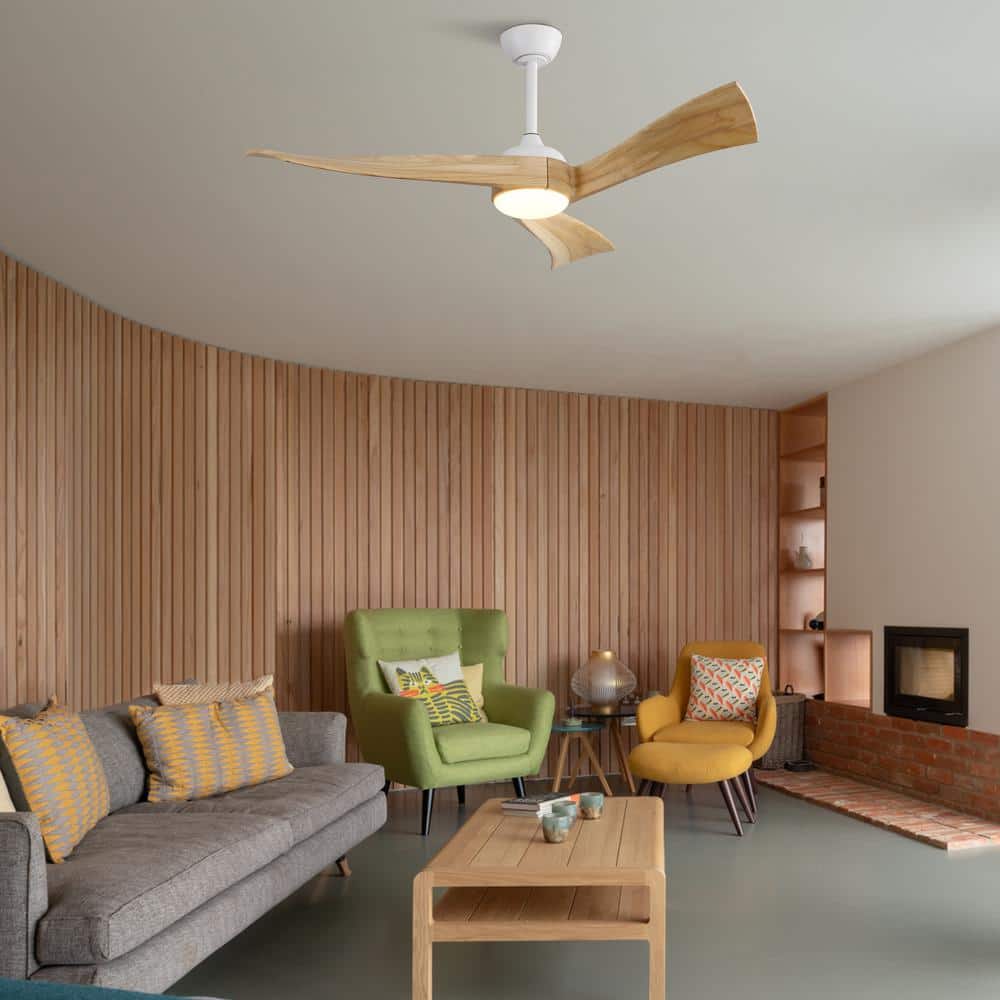 52-Inch White and Light Brown Wood Blade Ceiling Fan with Remote and LED Light