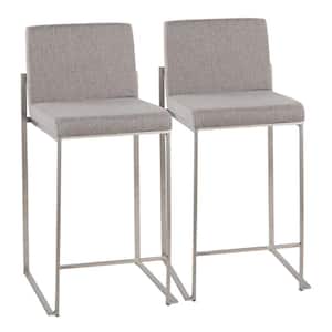 Fuji 35.5 in. Grey Fabric and Stainless Steel High Back Counter Height Bar Stool (Set of 2)