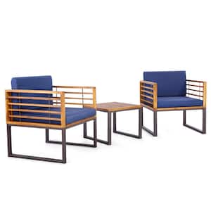 3-Pieces Acacia Wood Patio Bistro Set Outdoor Conversation Furniture Set w/Navy Cushions