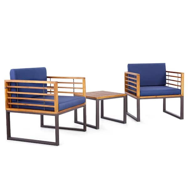 Gymax 3-Pieces Acacia Wood Patio Bistro Set Outdoor Conversation Furniture Set w/Navy Cushions
