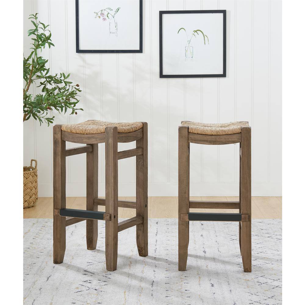 30" Brown Wood Backless Saddle Style Bar Stools - Set of Two