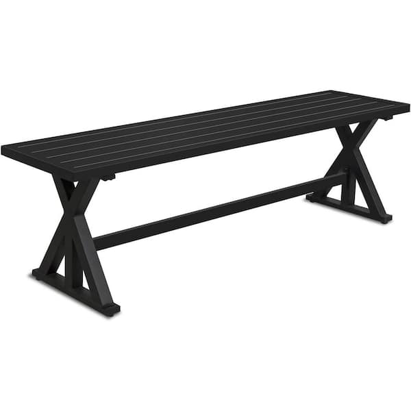 OUPES 61.2 in. Black Metal Outdoor Patio Benches X-Leg Dining Benches for Patio Garden Backyard-Slate