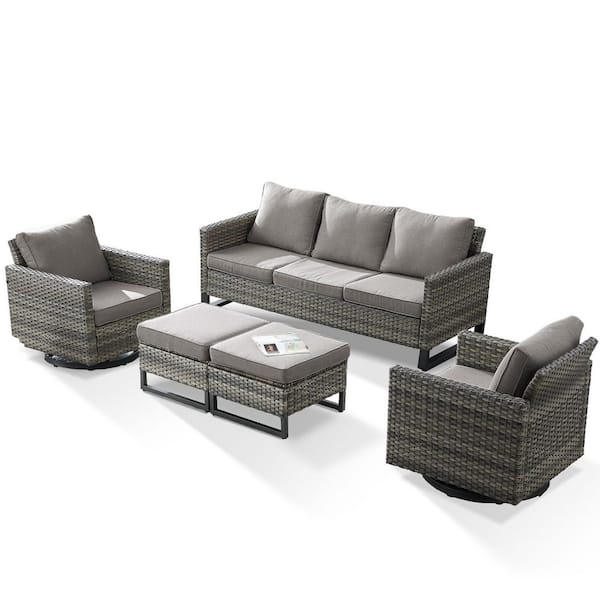 Carlos Gray 5-Piece All-Weather Gray Wicker Outdoor Sectional Set with 3-Seat Sofa and Ottomans