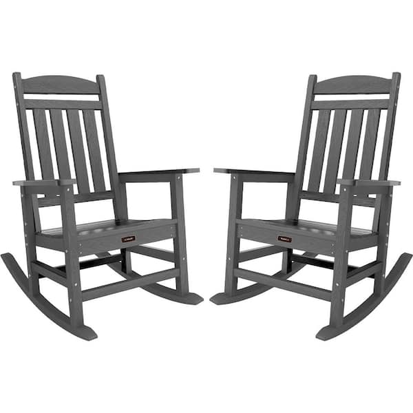 TenKa Set of 2 Gray HDPE Plastic Patio Outdoor Rocking Chair All Weather Resistant Porch Rocker for Lawn Garden